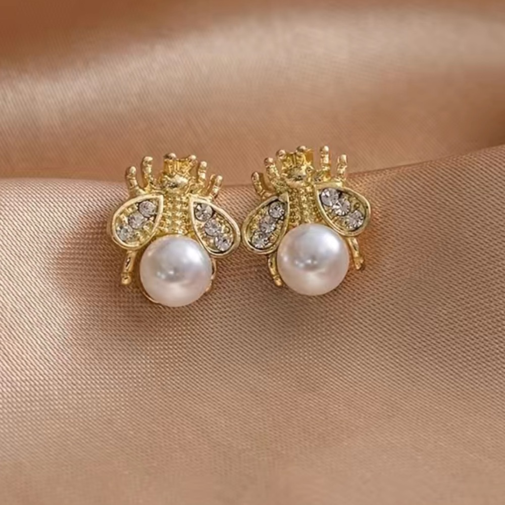 Bees Insect Pearl Gold Earrings